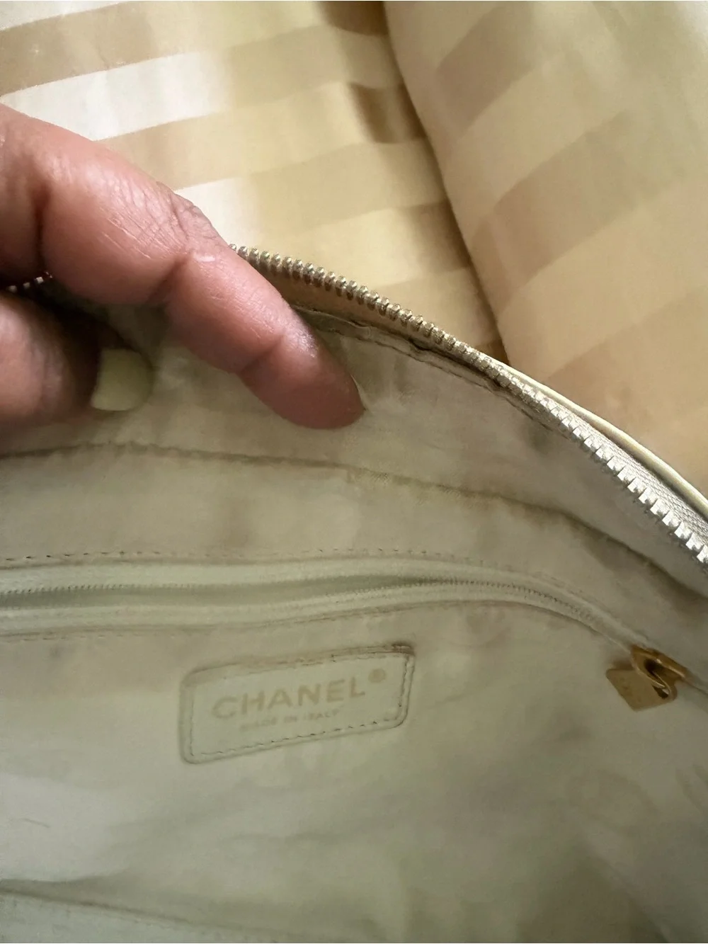 CHANEL Cream Leather Zip Pouch with Gold Tone Hardware
